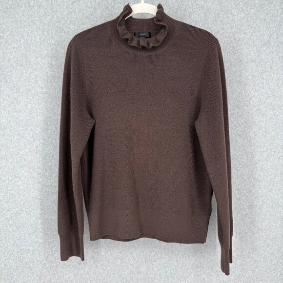 J Crew Womens Ruffleneck Merino Wool Blend Sweater Size M Brown Knit Classic - Picture 1 of 10